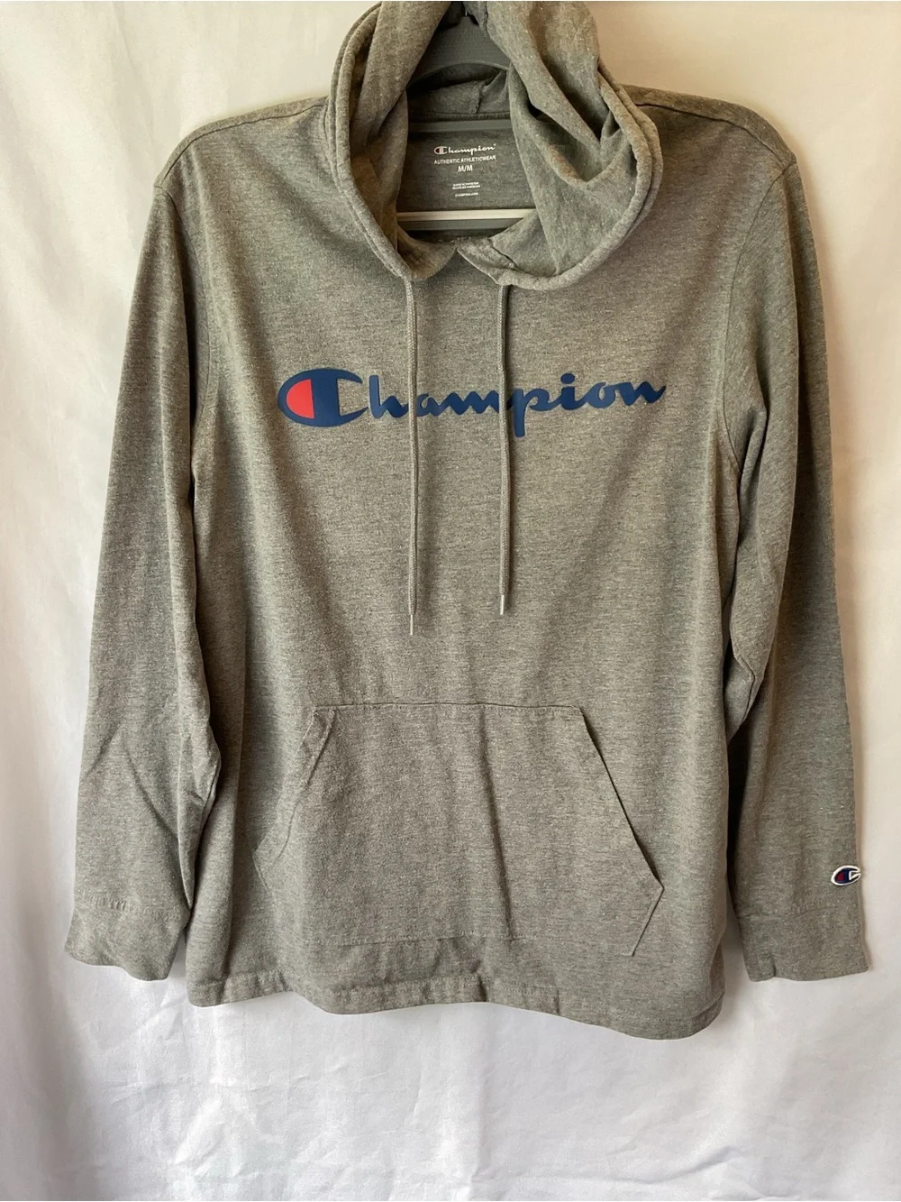 Champion Gray Lightweight Hoodie with Blue Script and Red Accent